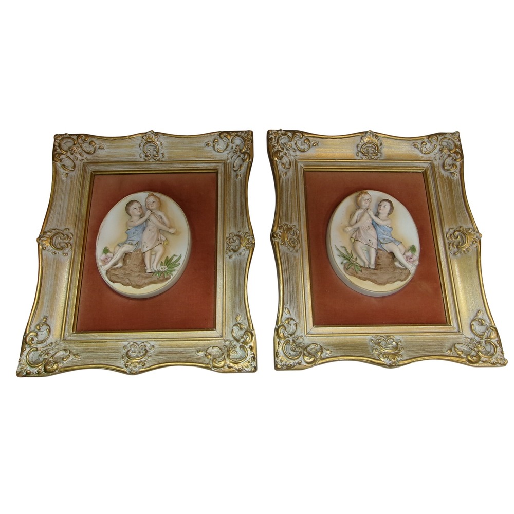 Pair Vintage Ornate Gold Gilt Velvet 3D Bisque Romantic Cameo Wall Plaques